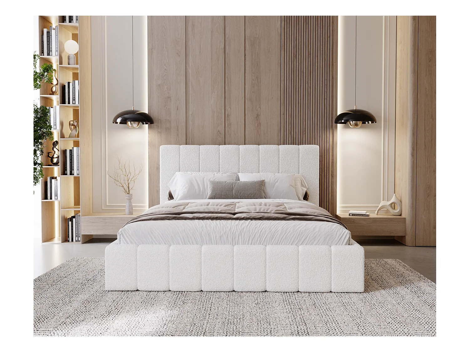 BESILIO Lit de chambre Slim 180x200 Lexy – cadre en métal, coffre de rangement pour le linge de lit, lit fin, tissu bouclé – Blanc