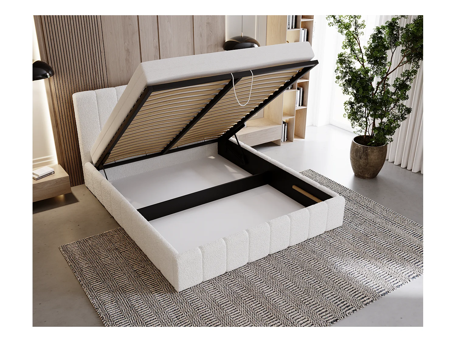 BESILIO Lit de chambre Slim 180x200 Lexy – cadre en métal, coffre de rangement pour le linge de lit, lit fin, tissu bouclé – Blanc