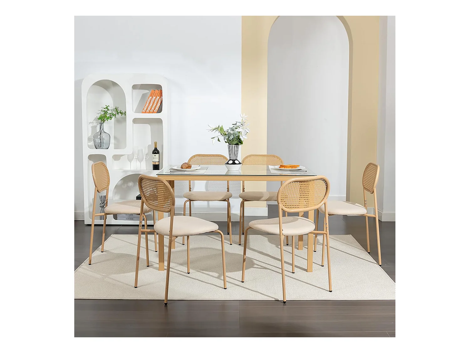 Lot de 2 chaises modernes de cuisine avec dossier en rotin, pieds métalliques, marron