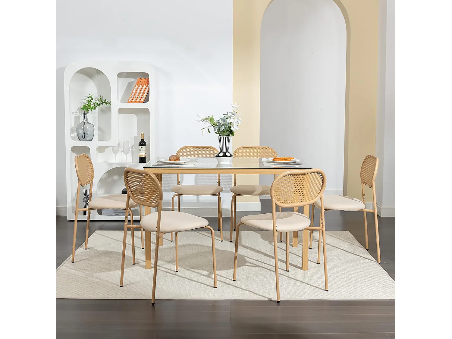 Lot de 2 chaises modernes de cuisine avec dossier en rotin, pieds métalliques, marron