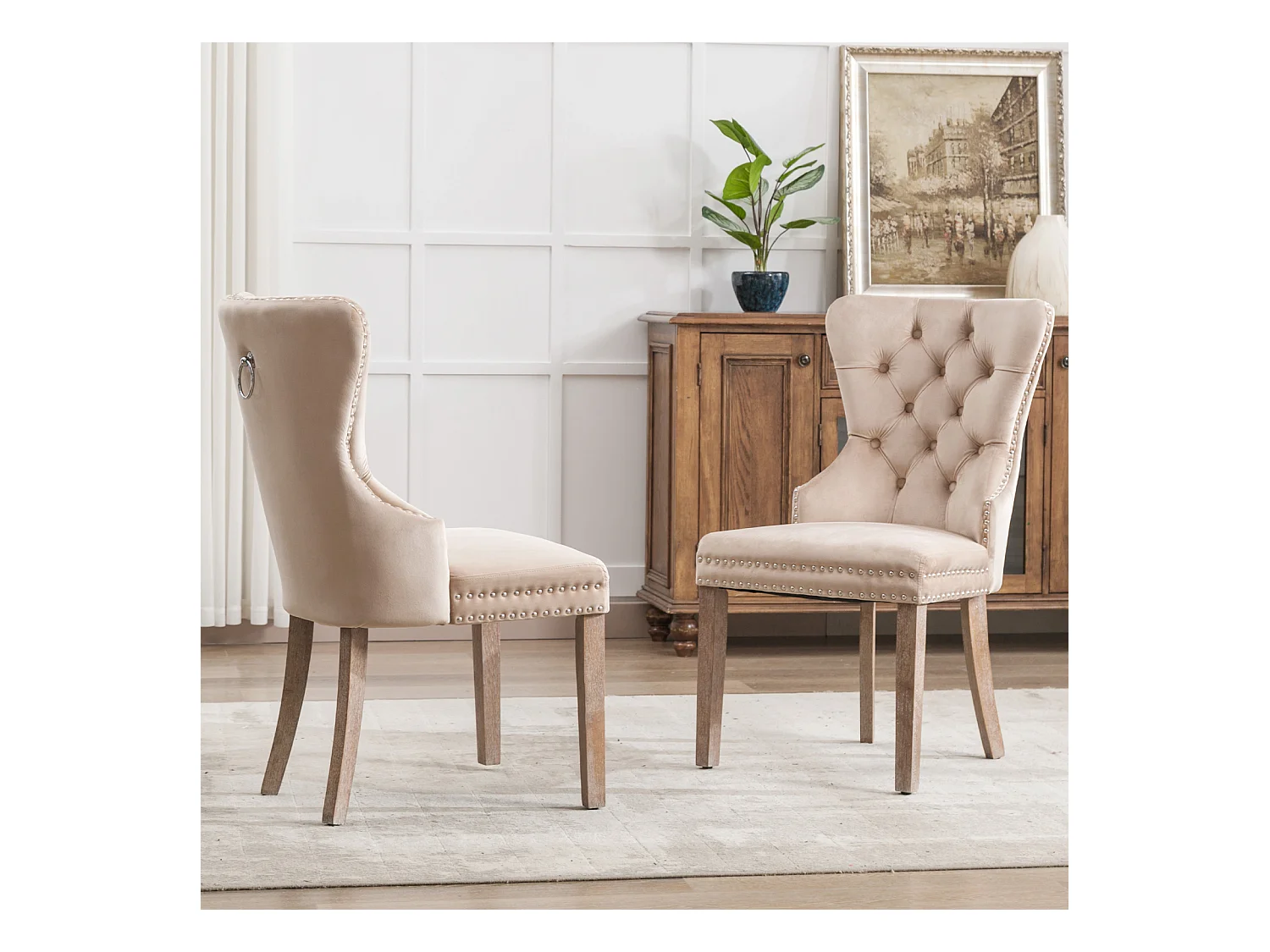 Lot de 2 chaises salle à manger, dossier haut, velours vintage, boutons, cadre bois massif