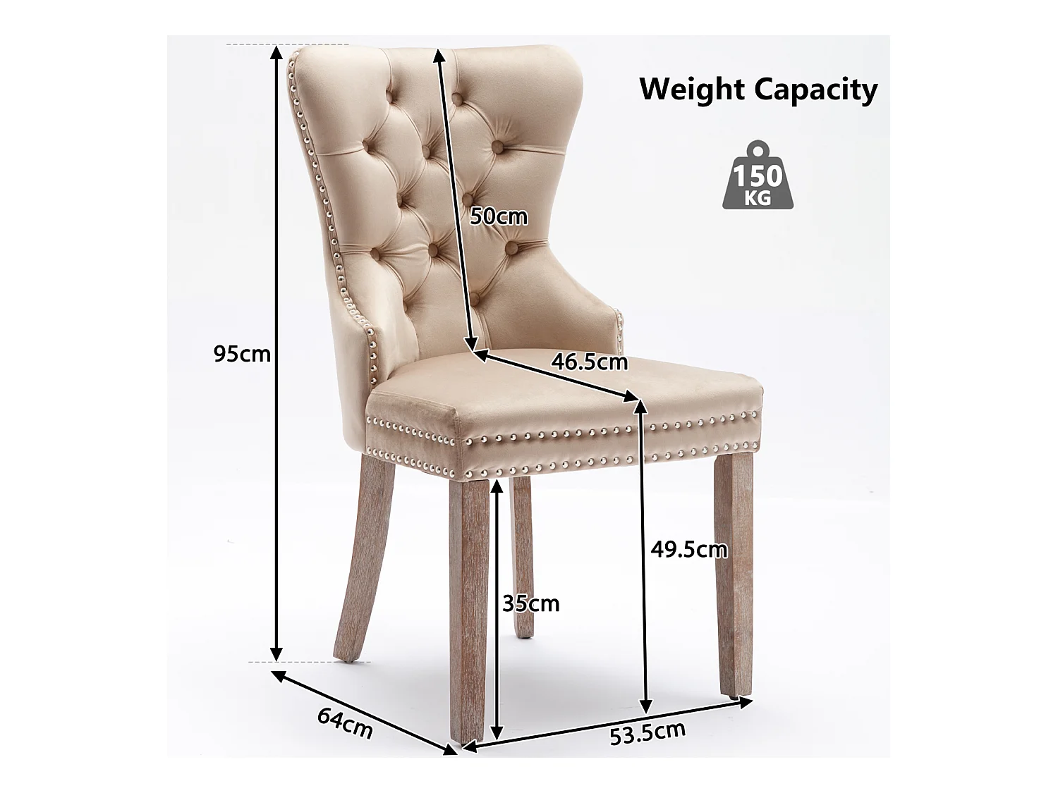 Lot de 2 chaises salle à manger, dossier haut, velours vintage, boutons, cadre bois massif