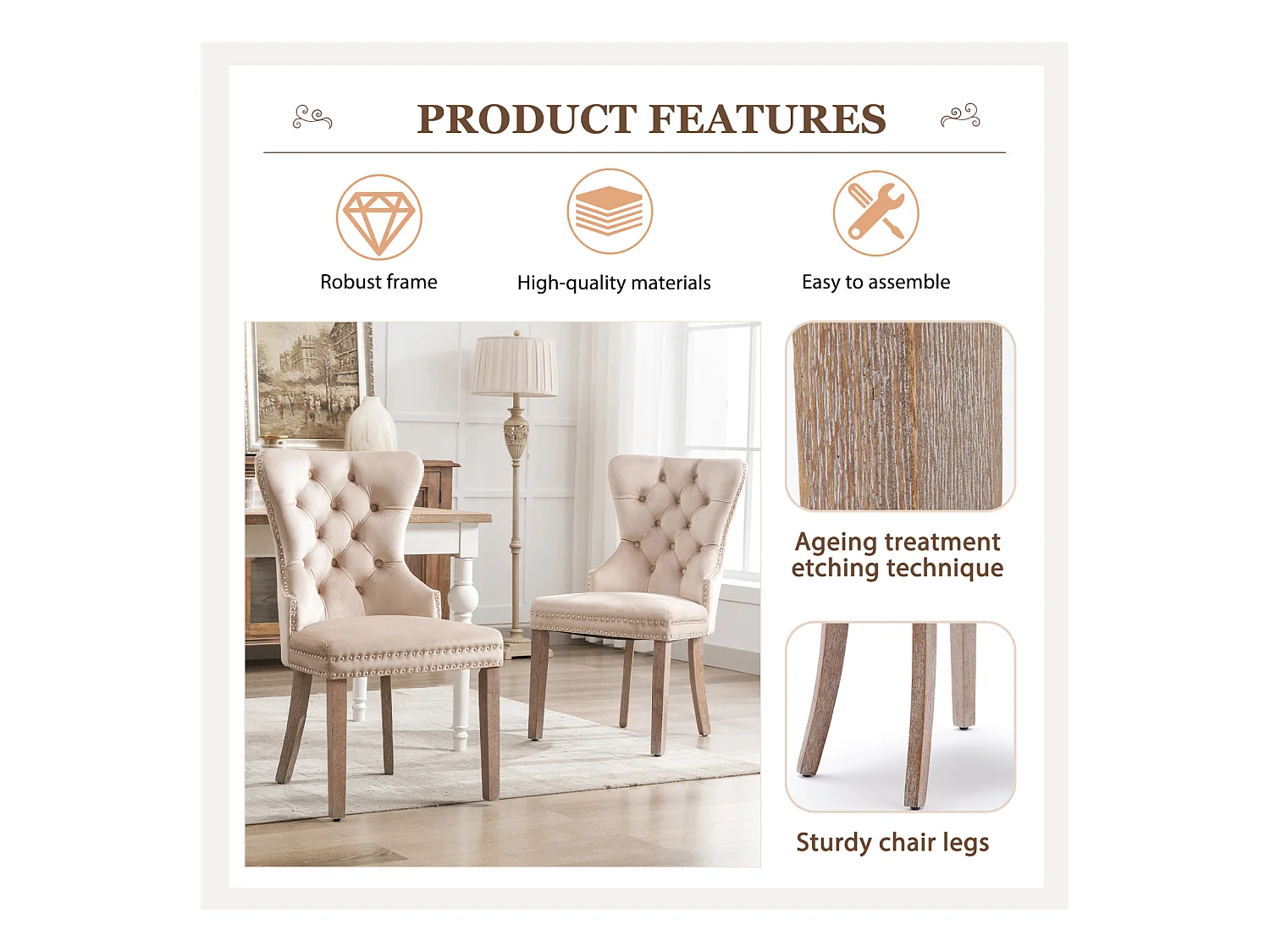 Lot de 2 chaises salle à manger, dossier haut, velours vintage, boutons, cadre bois massif