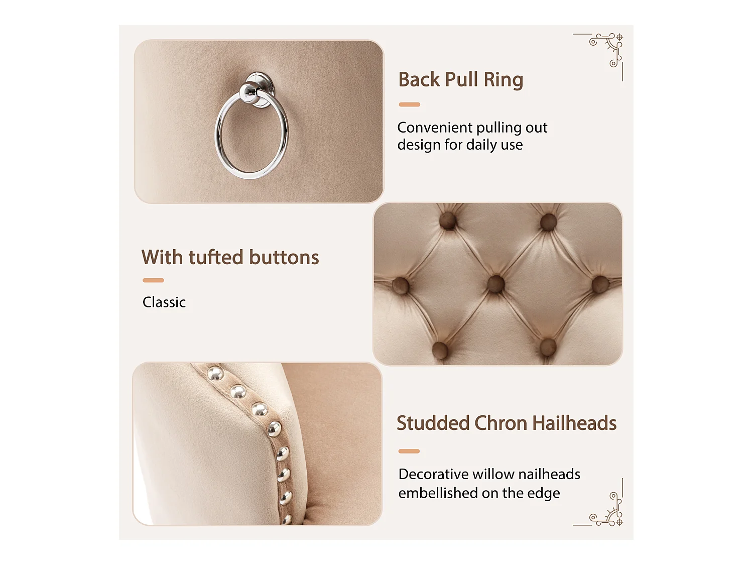 Lot de 2 chaises salle à manger, dossier haut, velours vintage, boutons, cadre bois massif