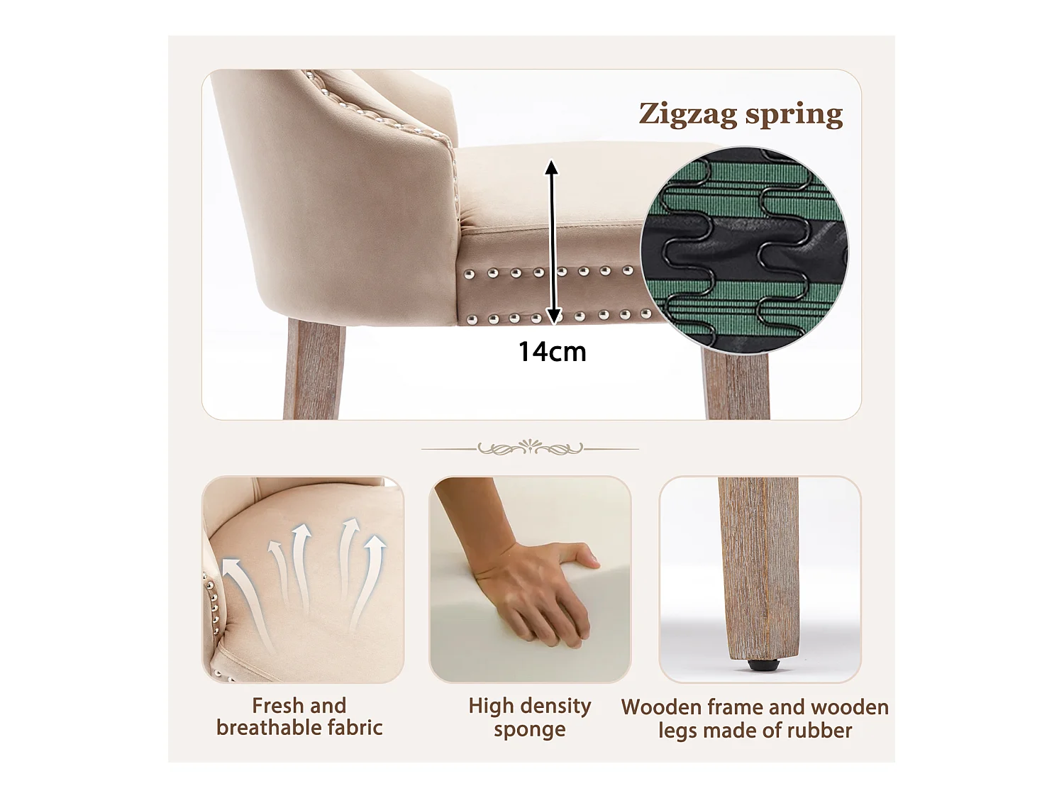 Lot de 2 chaises salle à manger, dossier haut, velours vintage, boutons, cadre bois massif