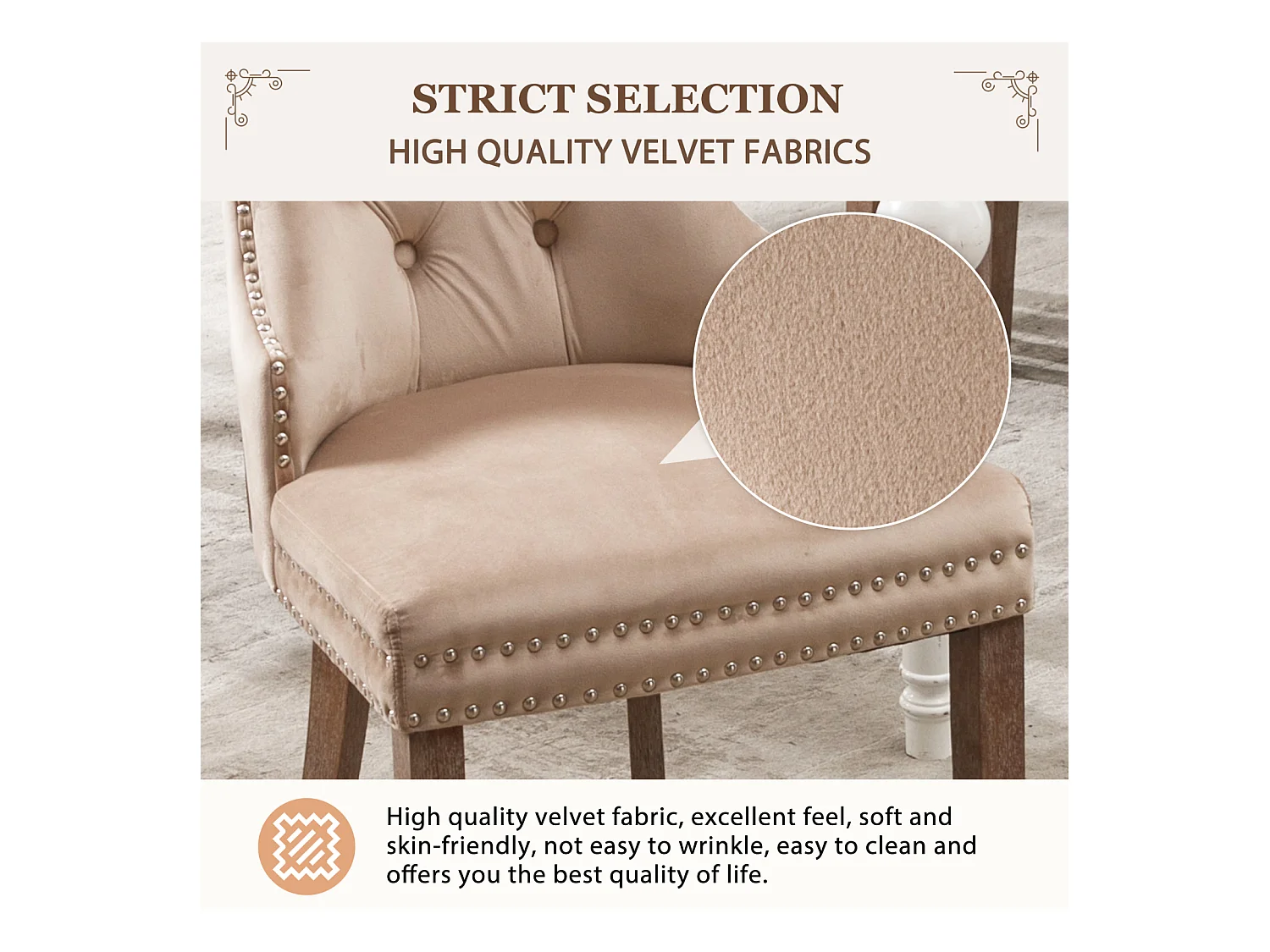 Lot de 2 chaises salle à manger, dossier haut, velours vintage, boutons, cadre bois massif