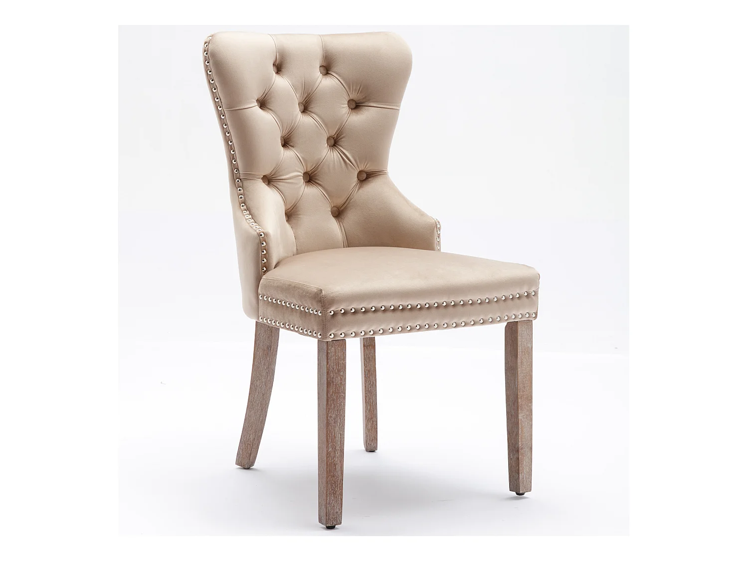 Lot de 2 chaises salle à manger, dossier haut, velours vintage, boutons, cadre bois massif