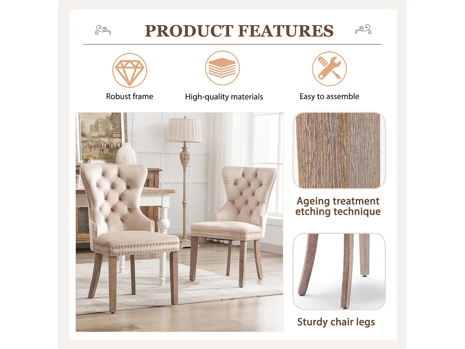 Lot de 2 chaises salle à manger, dossier haut, velours vintage, boutons, cadre bois massif