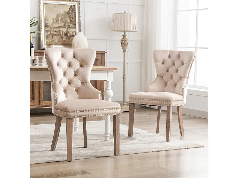 Lot de 2 chaises salle à manger, dossier haut, velours vintage, boutons, cadre bois massif