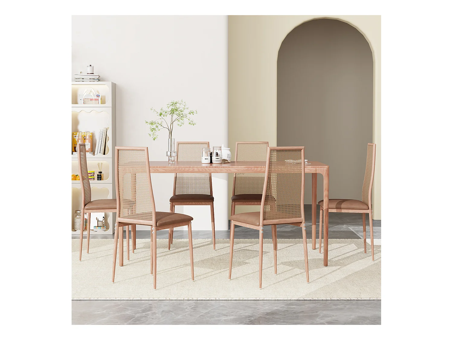 Lot de 2 chaises salle à manger design, simili, dossier rotin, pieds métal, marron 97.5x44x43 Cm