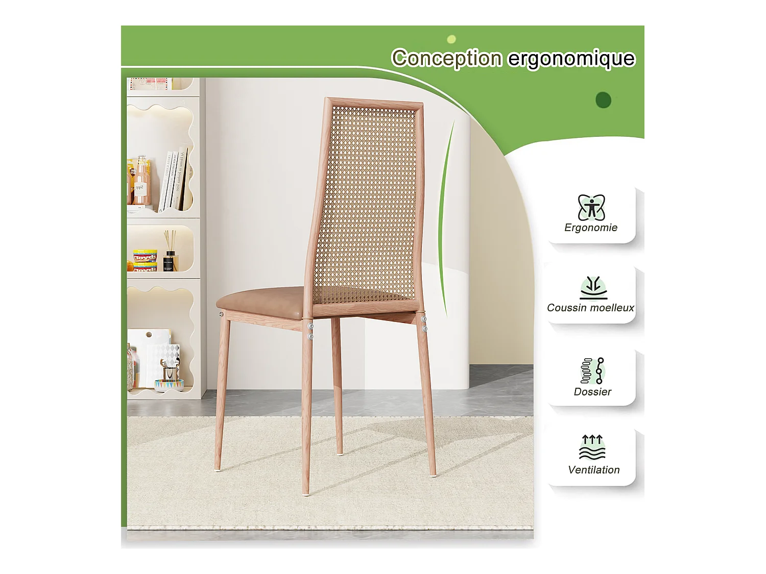 Lot de 2 chaises salle à manger design, simili, dossier rotin, pieds métal, marron 97.5x44x43 Cm