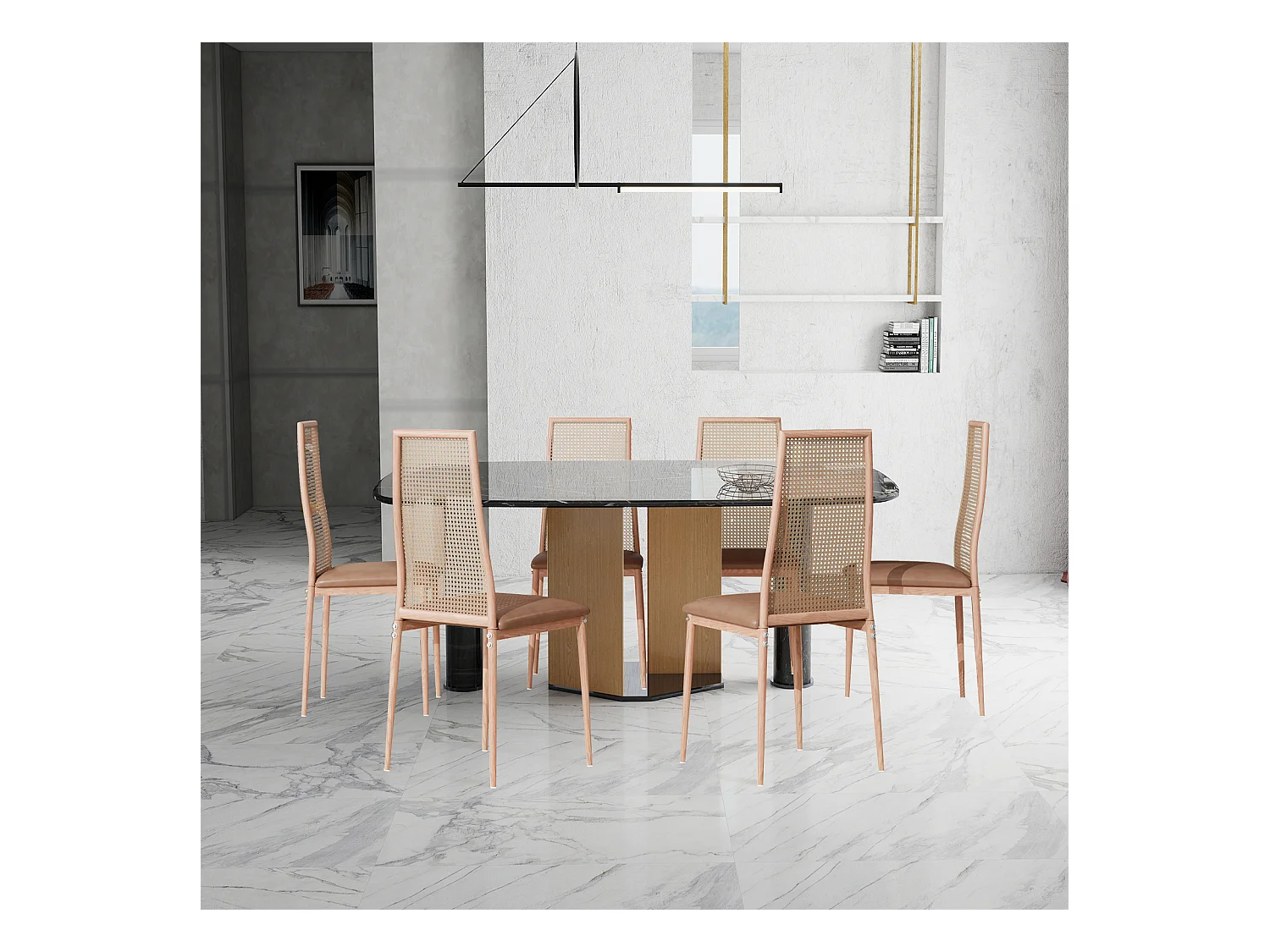 Lot de 2 chaises salle à manger design, simili, dossier rotin, pieds métal, marron 97.5x44x43 Cm