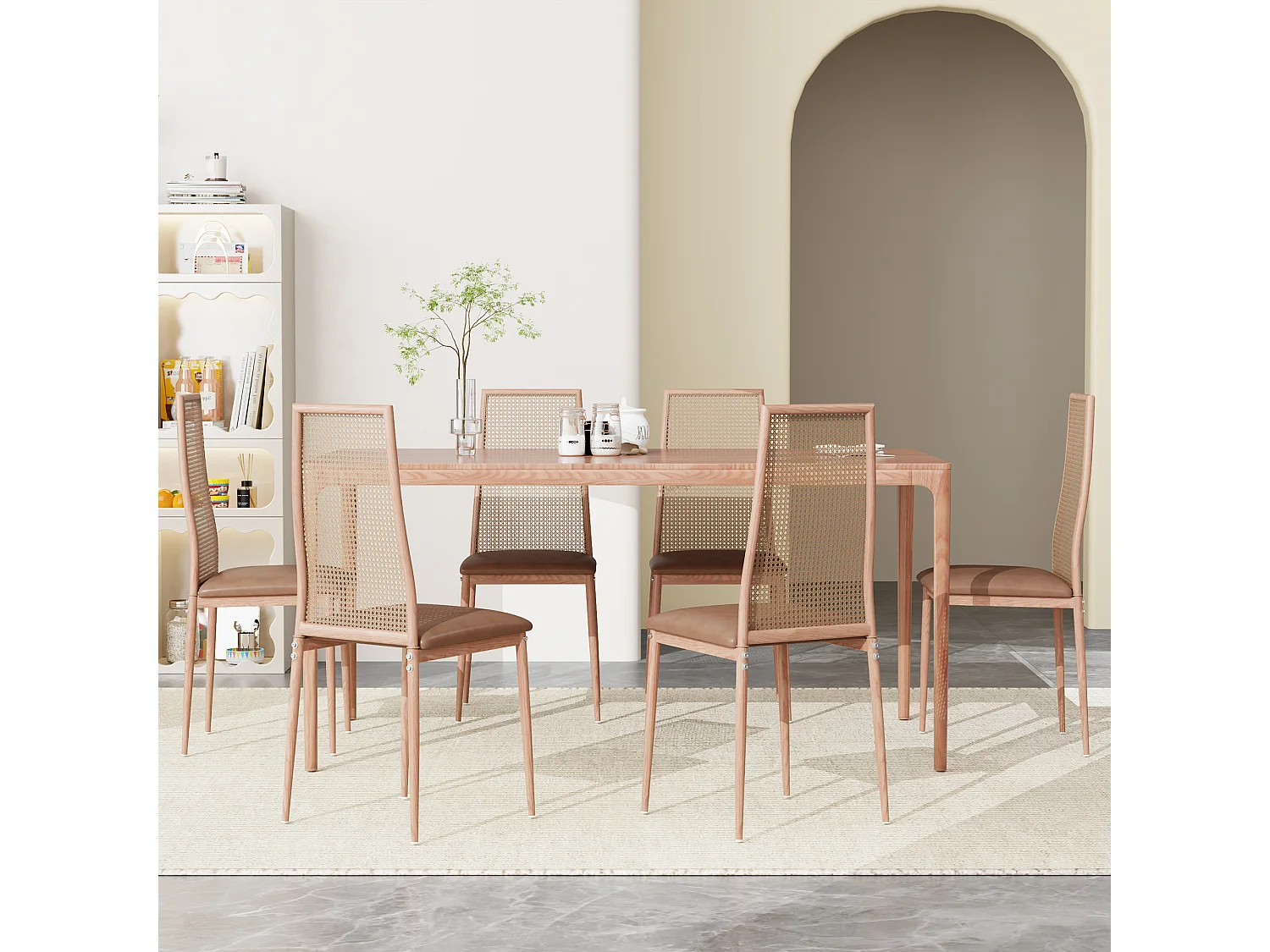 Lot de 2 chaises salle à manger design, simili, dossier rotin, pieds métal, marron 97.5x44x43 Cm