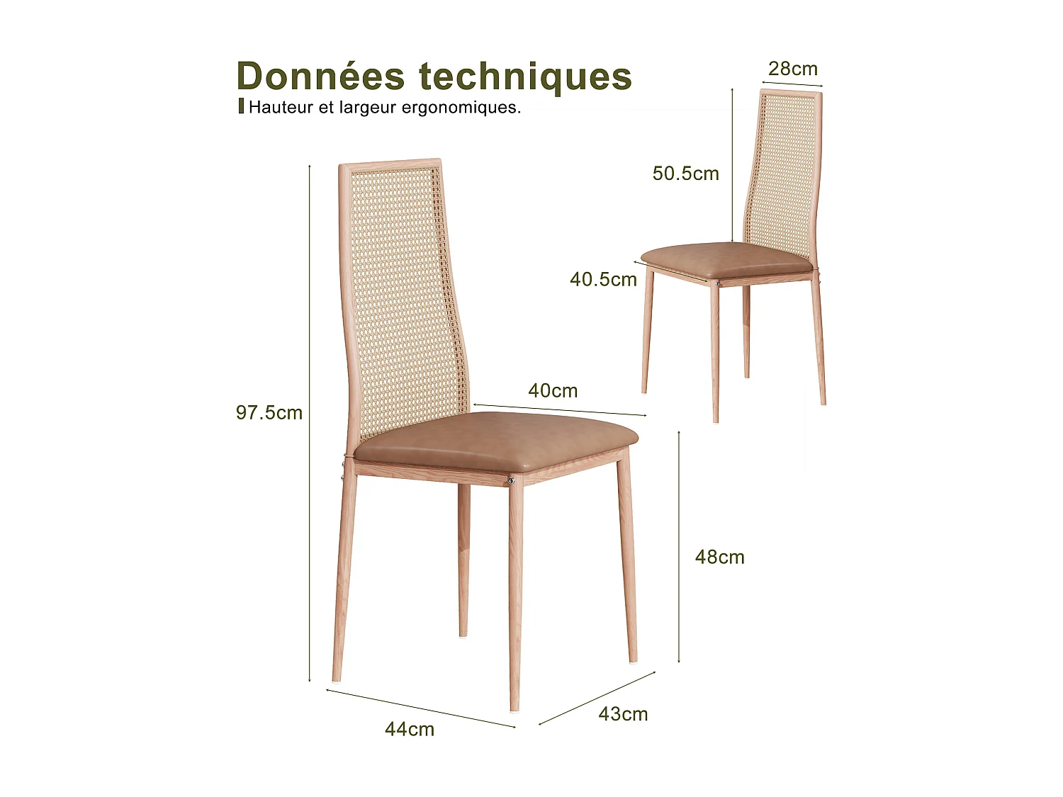 Lot de 2 chaises salle à manger design, simili, dossier rotin, pieds métal, marron 97.5x44x43 Cm
