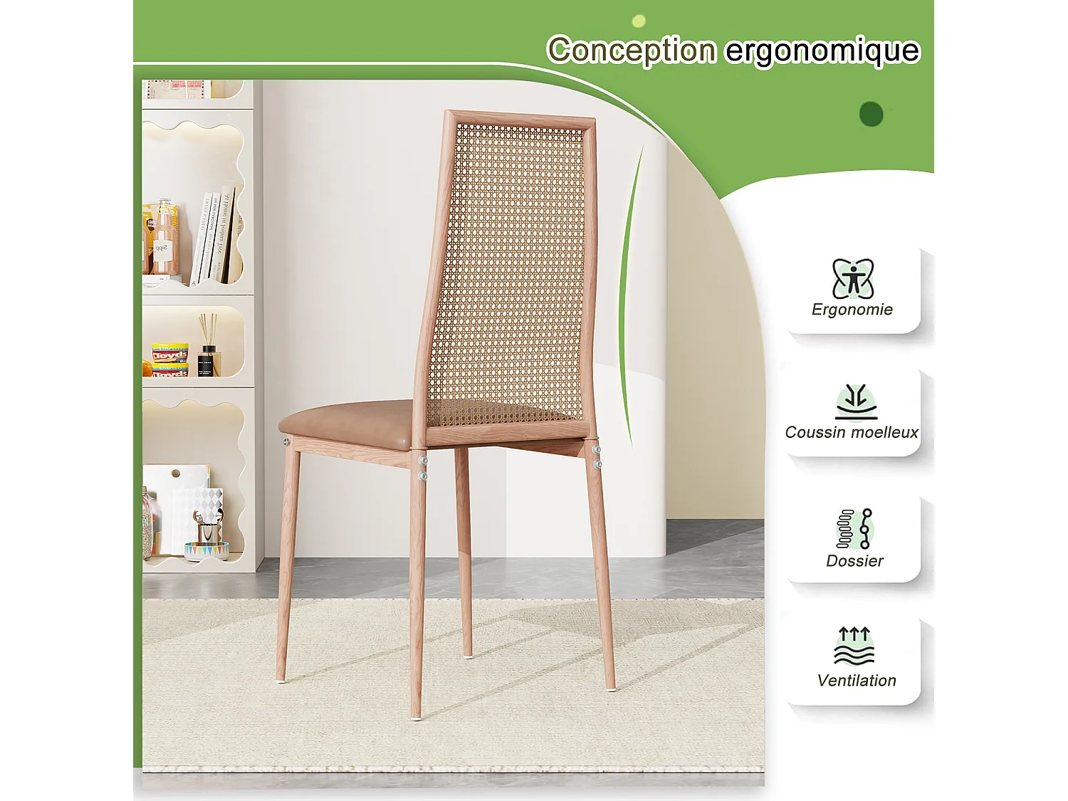 Lot de 2 chaises salle à manger design, simili, dossier rotin, pieds métal, marron 97.5x44x43 Cm