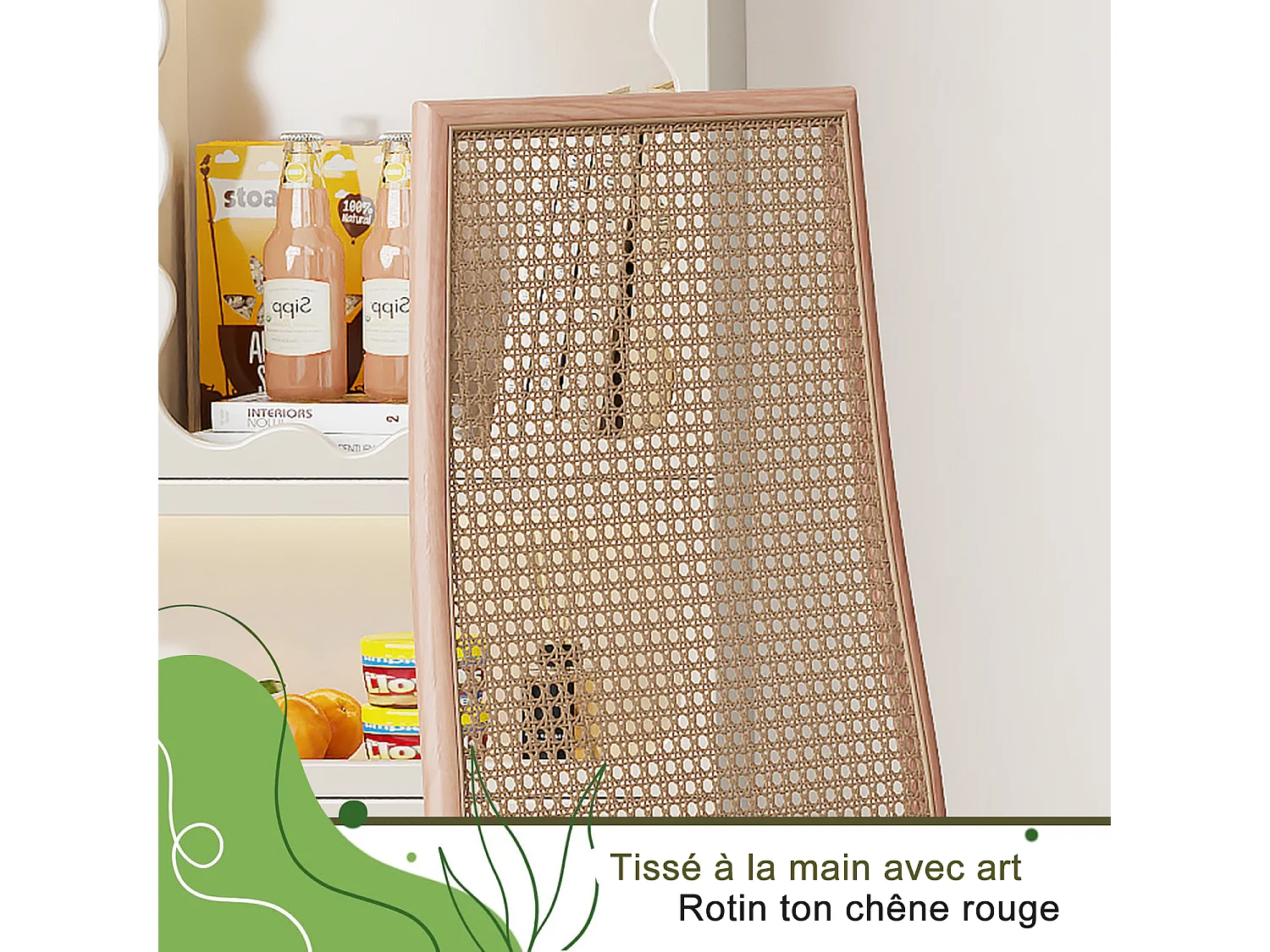 Lot de 2 chaises salle à manger design, simili, dossier rotin, pieds métal, marron 97.5x44x43 Cm