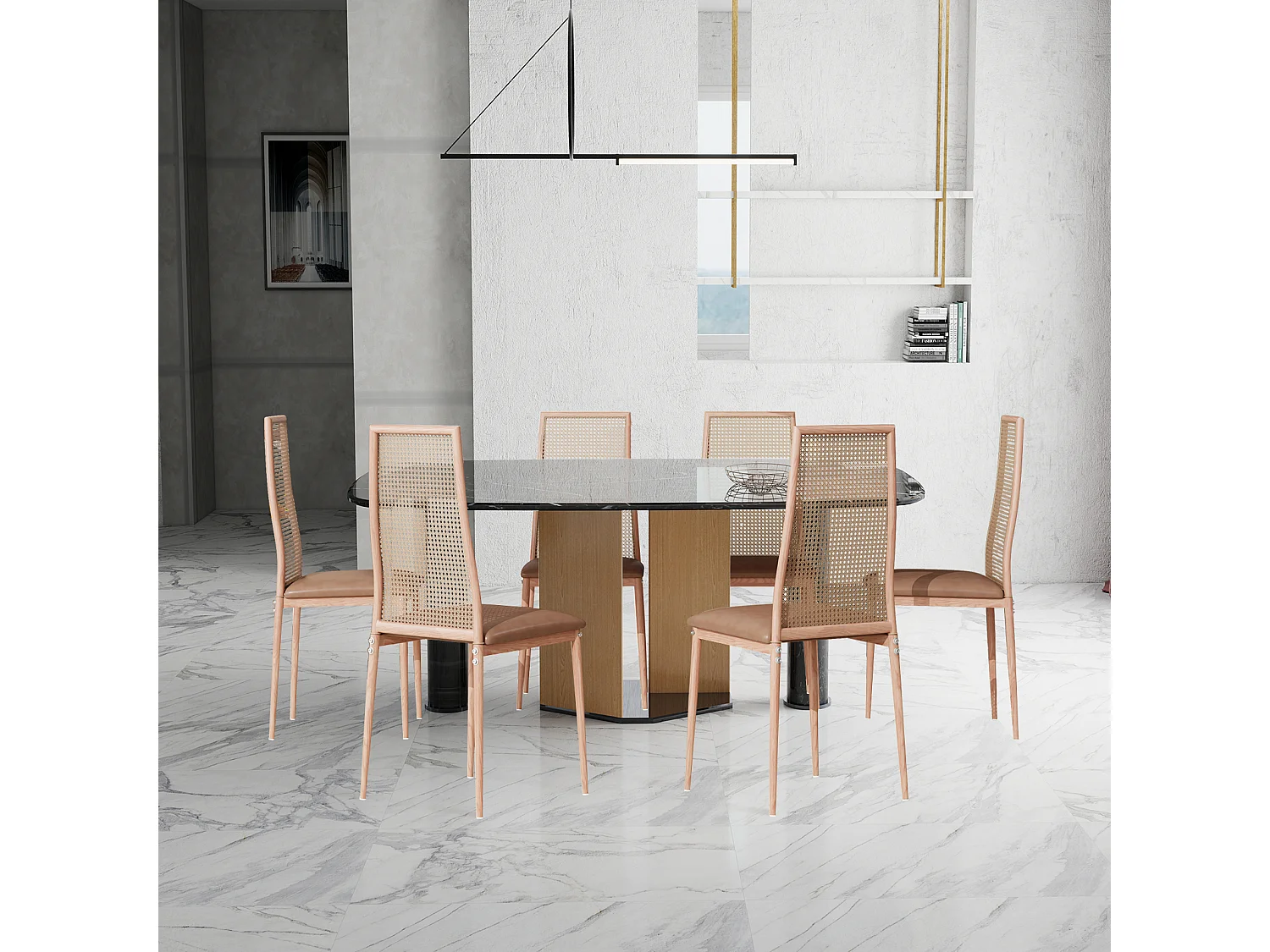 Lot de 2 chaises salle à manger design, simili, dossier rotin, pieds métal, marron 97.5x44x43 Cm