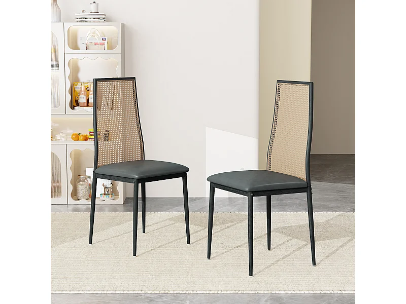 Conjunto de 2 cadeiras de jantar de design, couro sintético, encosto de vime, pernas de metal, preto 97,5x44x43 cm