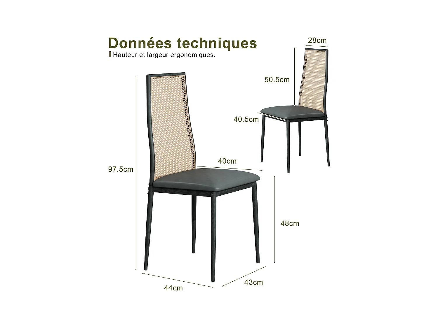 Lot de 2 chaises salle à manger design, simili, dossier rotin, pieds métal, noir 97.5x44x43 Cm