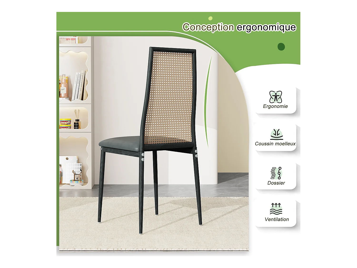 Lot de 2 chaises salle à manger design, simili, dossier rotin, pieds métal, noir 97.5x44x43 Cm