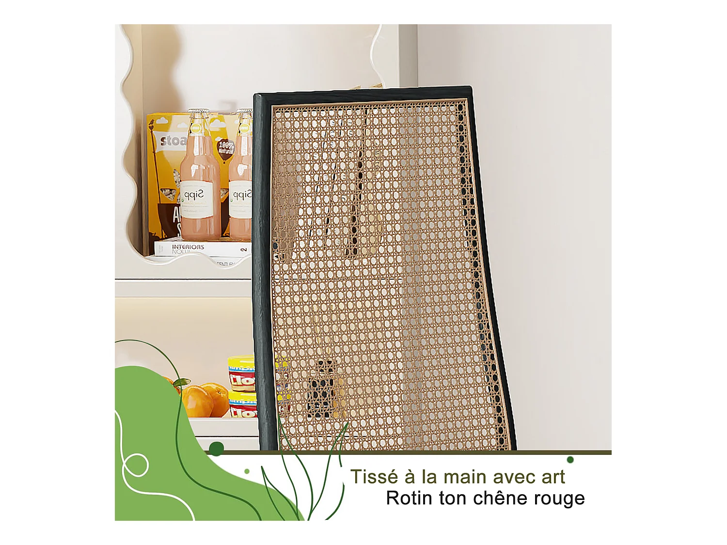 Lot de 2 chaises salle à manger design, simili, dossier rotin, pieds métal, noir 97.5x44x43 Cm