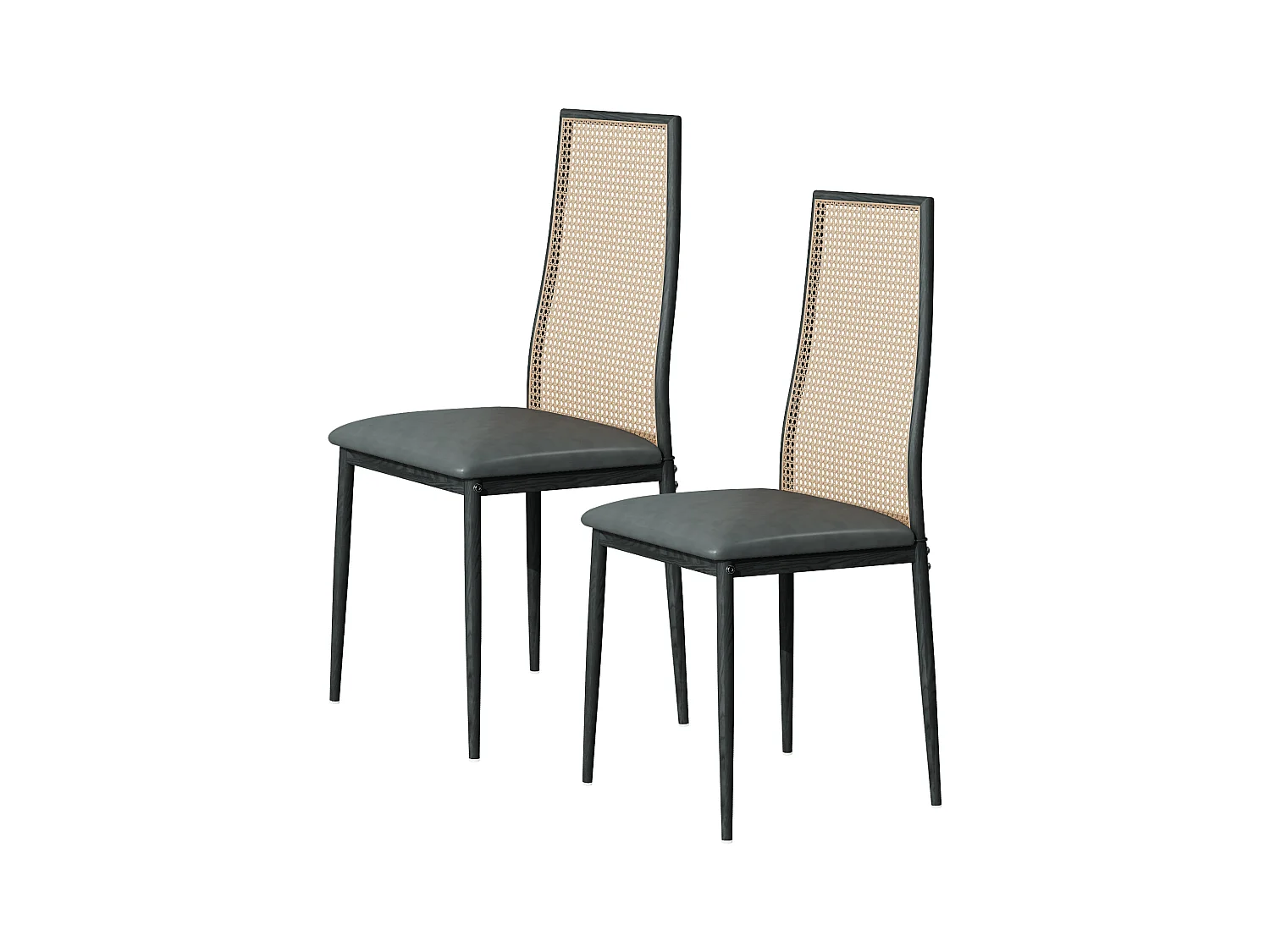 Lot de 2 chaises salle à manger design, simili, dossier rotin, pieds métal, noir 97.5x44x43 Cm