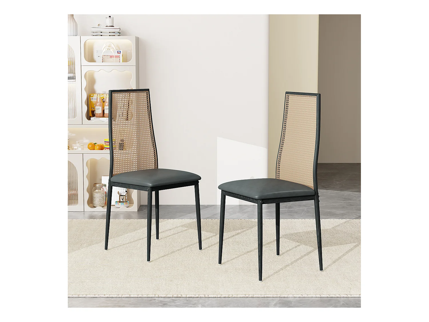 Set van 2 design eetkamerstoelen, imitatieleer, rotan rugleuning, metalen poten, zwart 97,5x44x43 cm