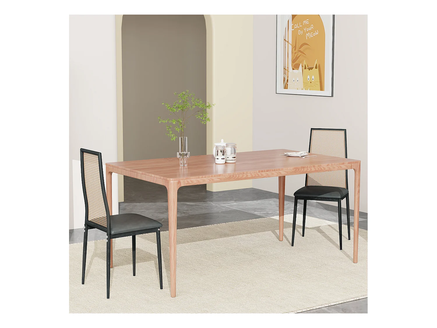 2er Set Designer Esszimmerstühle, Kunstleder, Rattan-Rückenlehne, Metallbeine, schwarz 97,5x44x43 cm