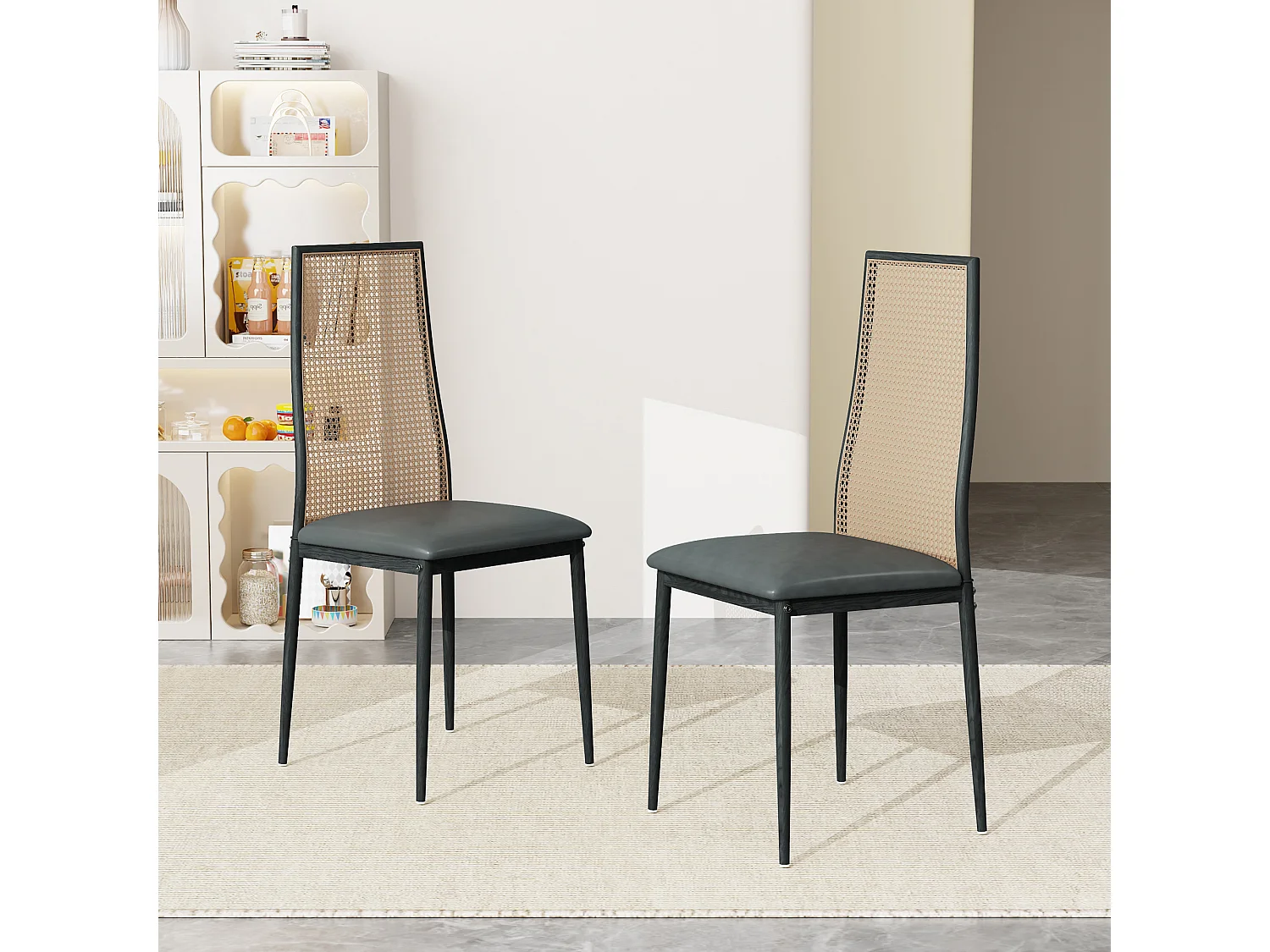 Lot de 2 chaises salle à manger design, simili, dossier rotin, pieds métal, noir 97.5x44x43 Cm