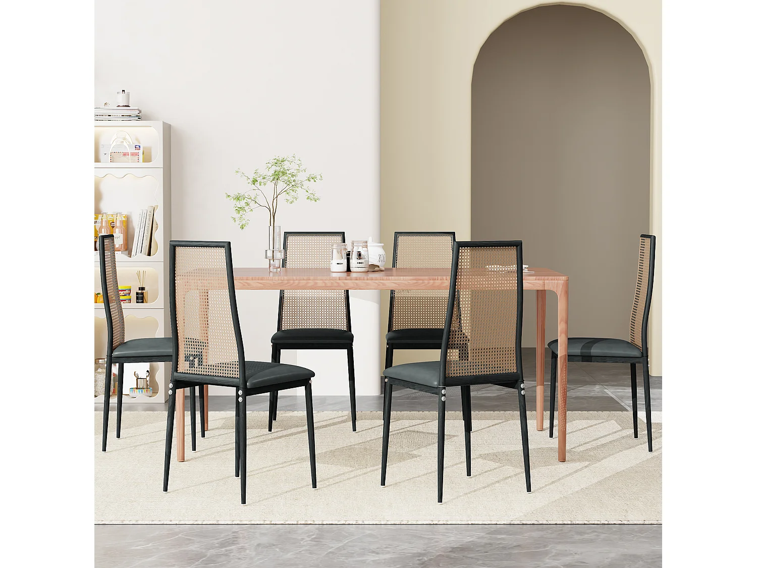 Lot de 2 chaises salle à manger design, simili, dossier rotin, pieds métal, noir 97.5x44x43 Cm