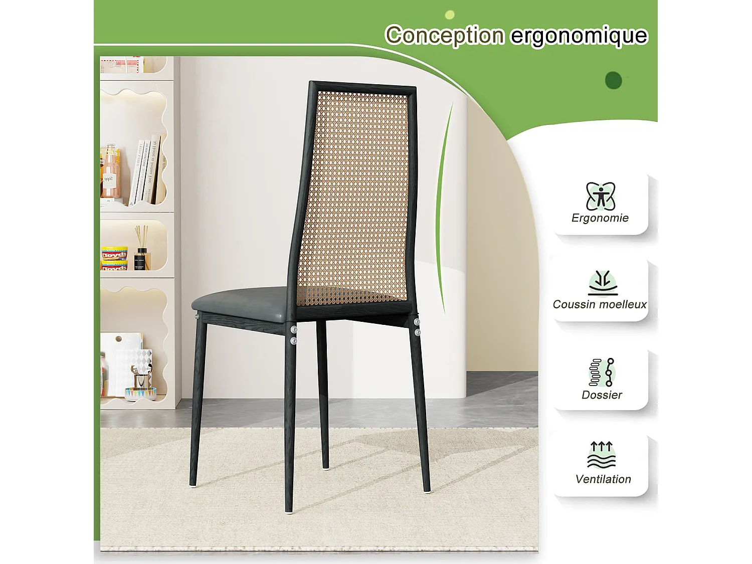 Lot de 2 chaises salle à manger design, simili, dossier rotin, pieds métal, noir 97.5x44x43 Cm