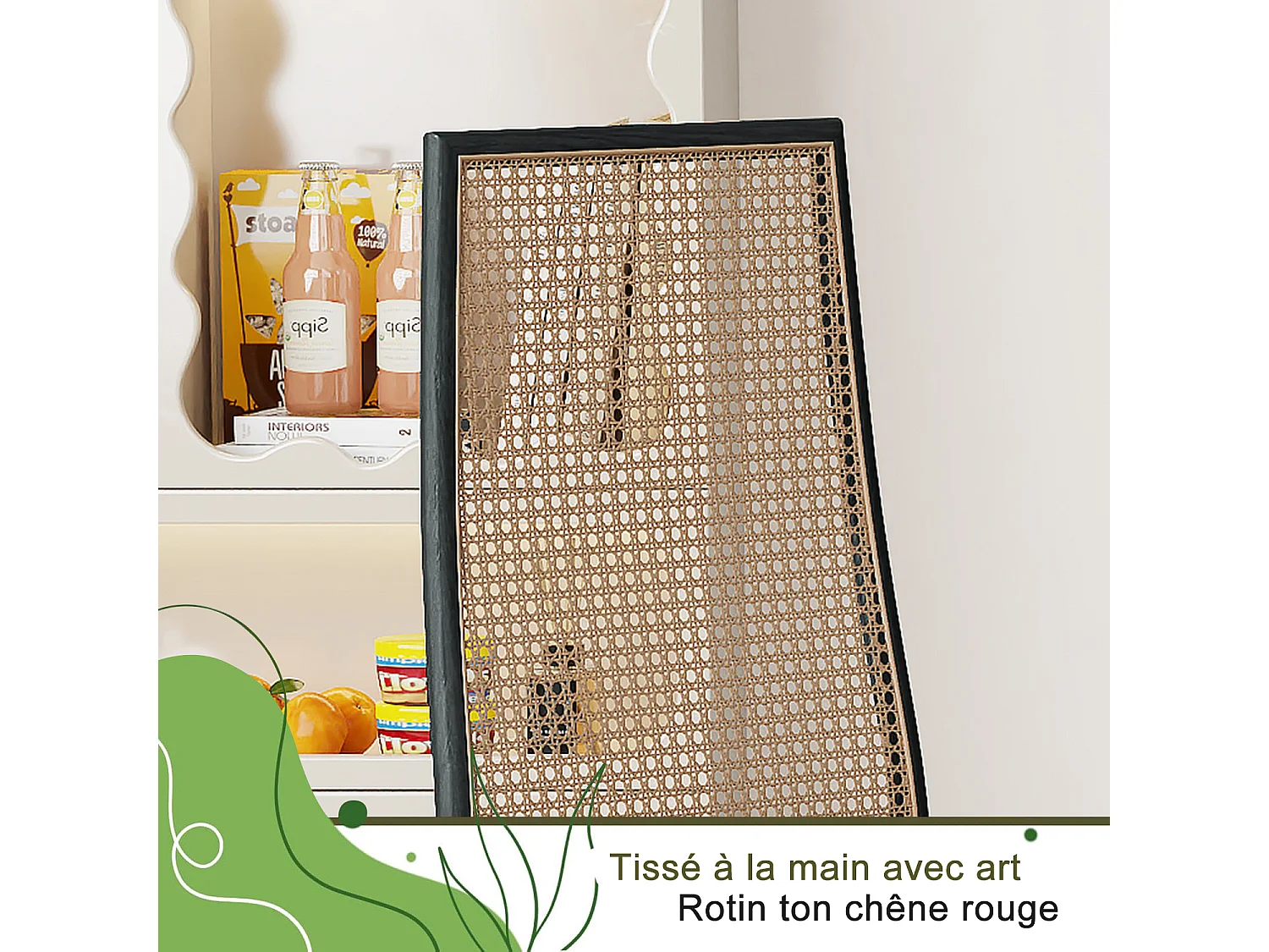 Lot de 2 chaises salle à manger design, simili, dossier rotin, pieds métal, noir 97.5x44x43 Cm