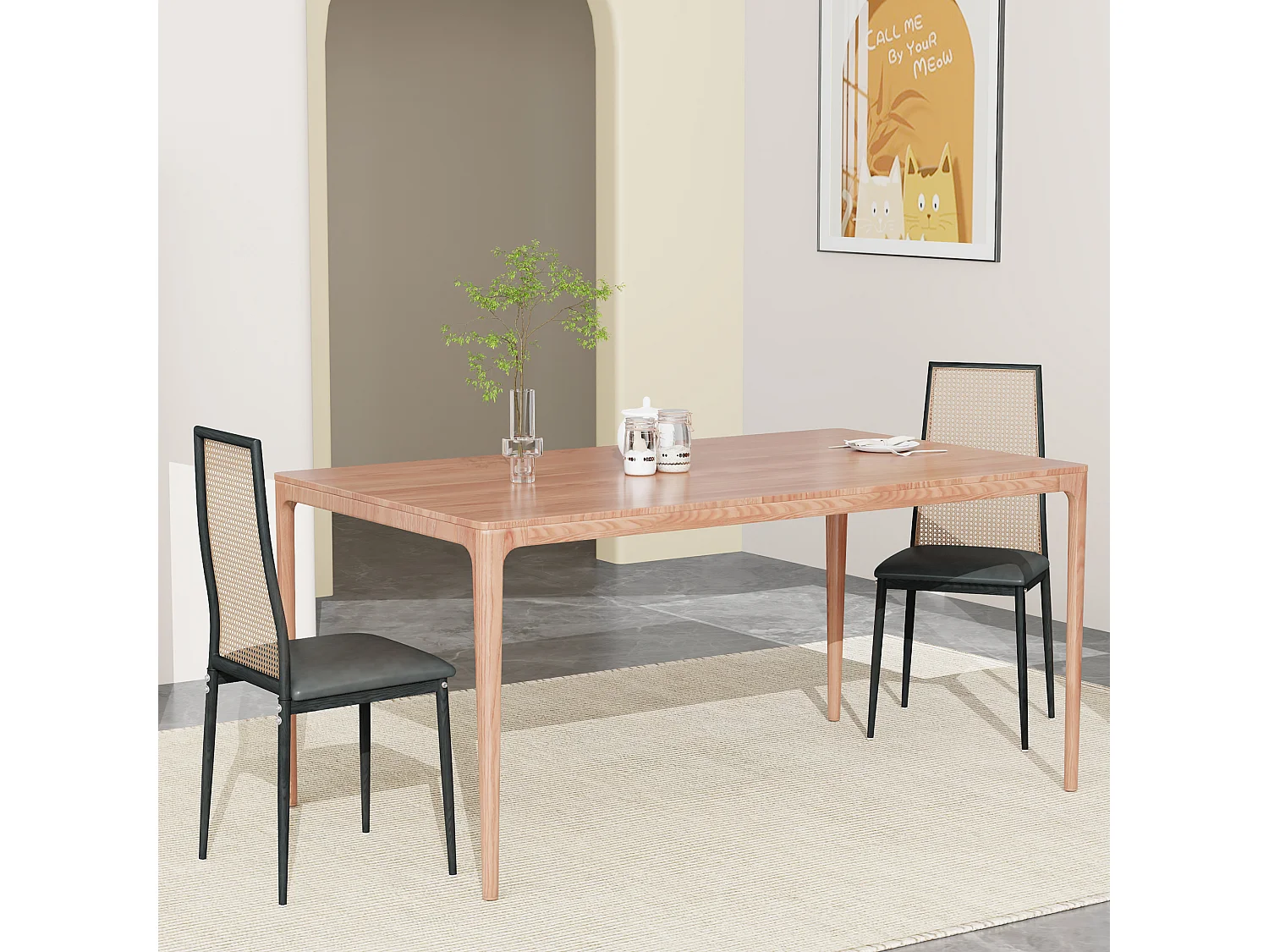 Lot de 2 chaises salle à manger design, simili, dossier rotin, pieds métal, noir 97.5x44x43 Cm