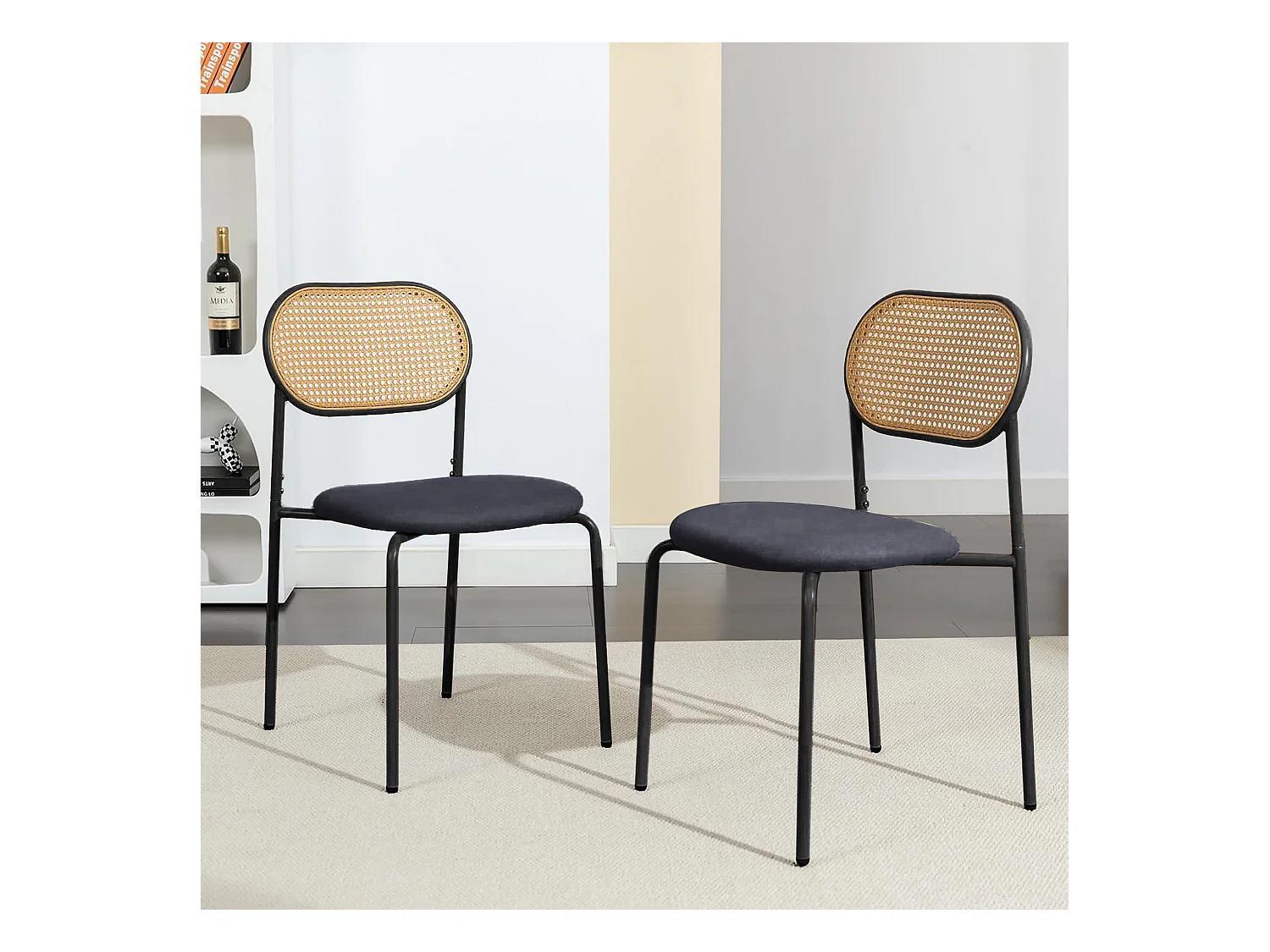 Lot de 2 chaises modernes de cuisine avec dossier en rotin, pieds métalliques, noir