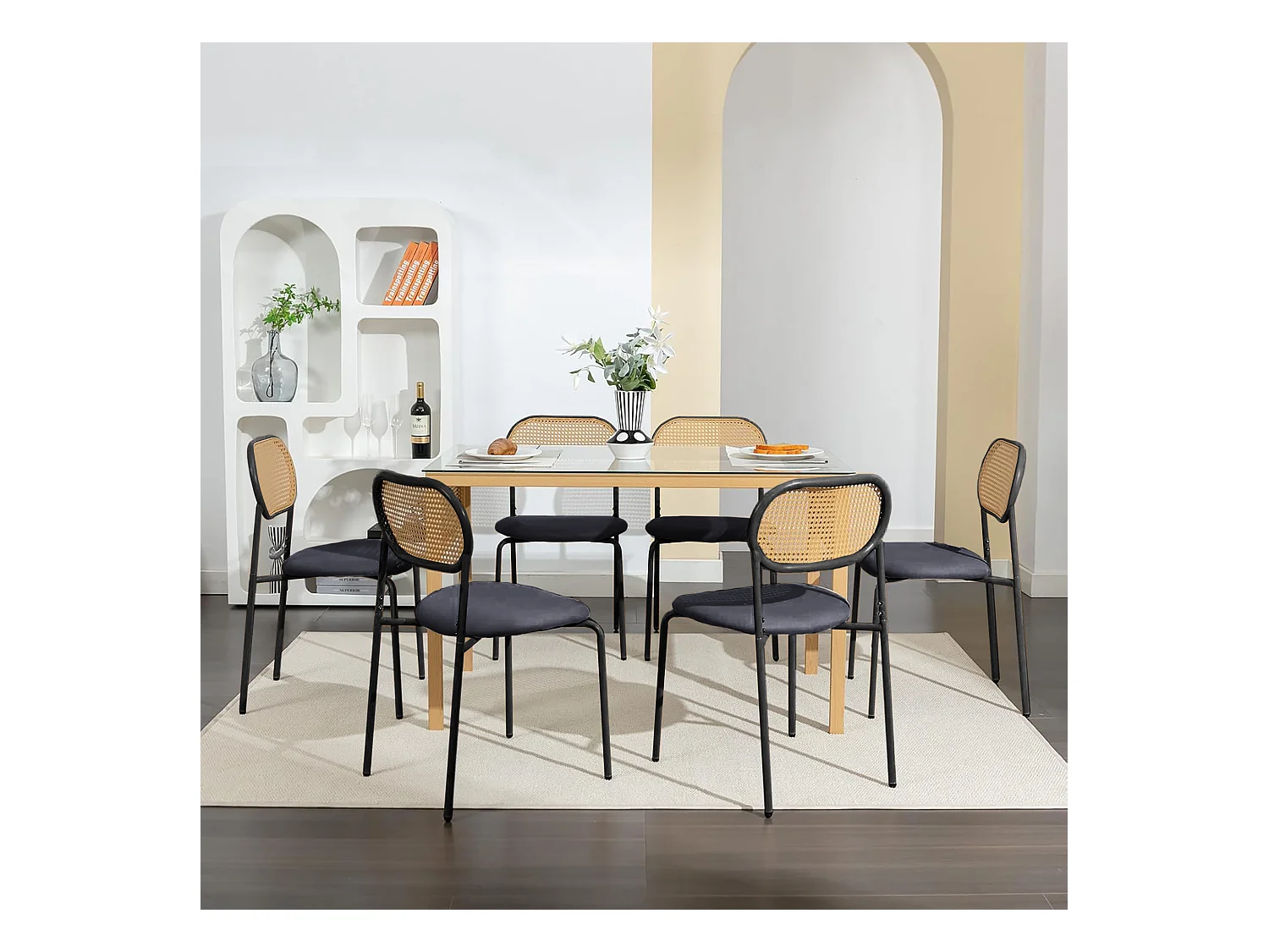 Lot de 2 chaises modernes de cuisine avec dossier en rotin, pieds métalliques, noir