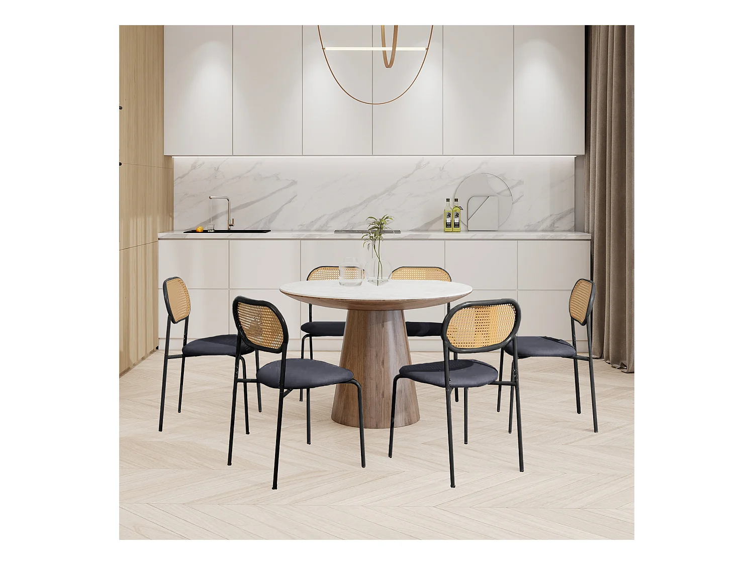 Lot de 2 chaises modernes de cuisine avec dossier en rotin, pieds métalliques, noir