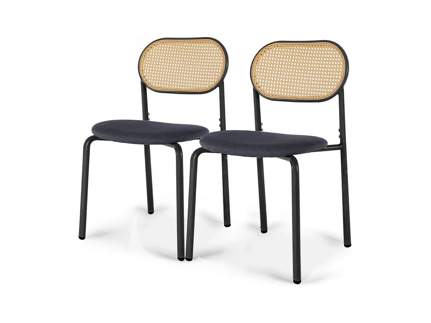 Lot de 2 chaises modernes de cuisine avec dossier en rotin, pieds métalliques, noir