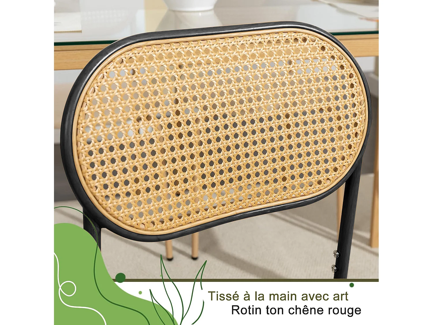 Lot de 2 chaises modernes de cuisine avec dossier en rotin, pieds métalliques, noir
