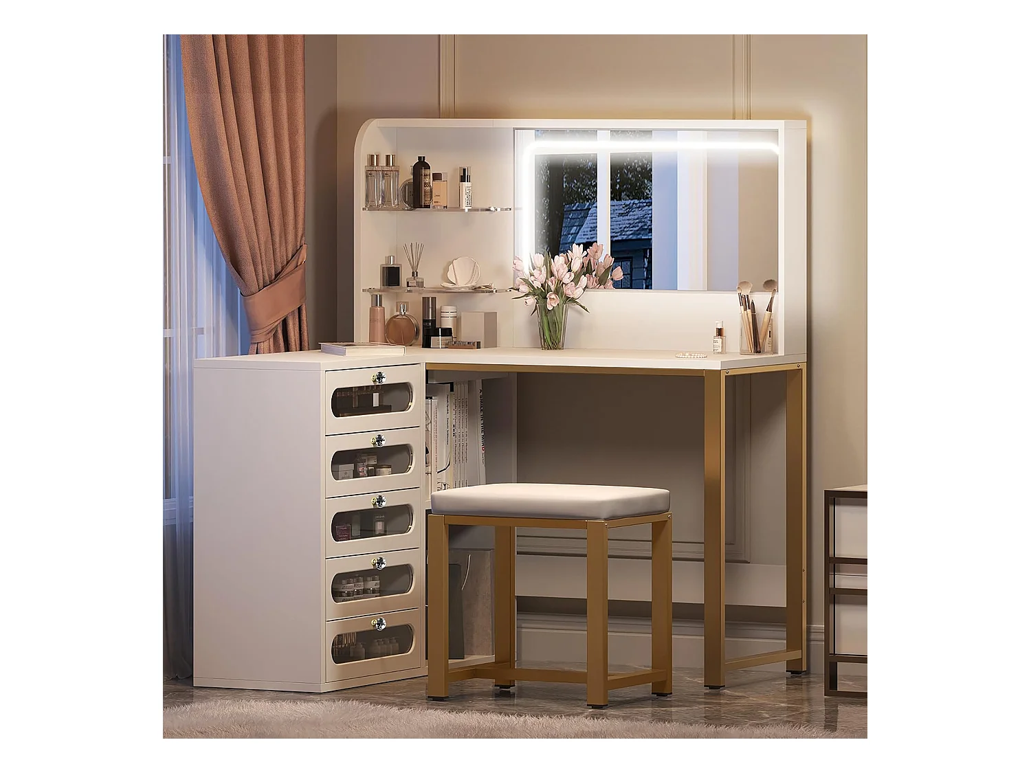 Coiffeuse avec Tabouret, Miroir HD et Lumières LED Réglables, Prise de Courant, 5 Tiroirs, Blanc