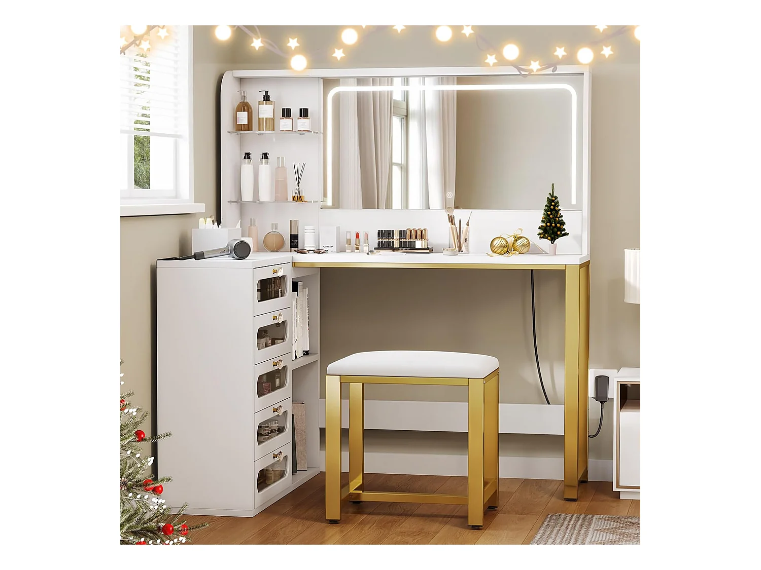 Coiffeuse avec Tabouret, Miroir HD et Lumières LED Réglables, Prise de Courant, 5 Tiroirs, Blanc