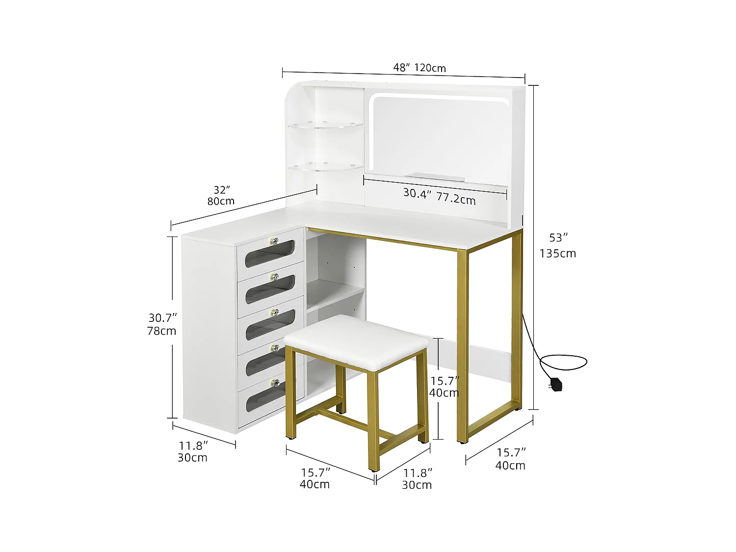 Coiffeuse avec Tabouret, Miroir HD et Lumières LED Réglables, Prise de Courant, 5 Tiroirs, Blanc