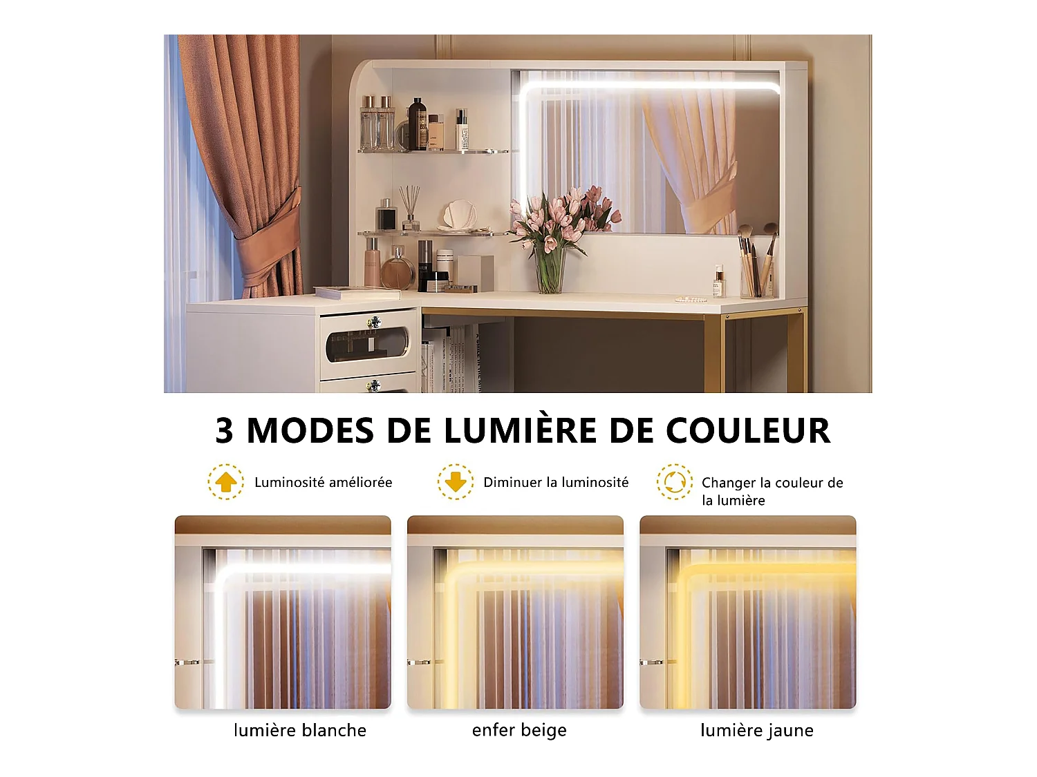 Coiffeuse avec Tabouret, Miroir HD et Lumières LED Réglables, Prise de Courant, 5 Tiroirs, Blanc
