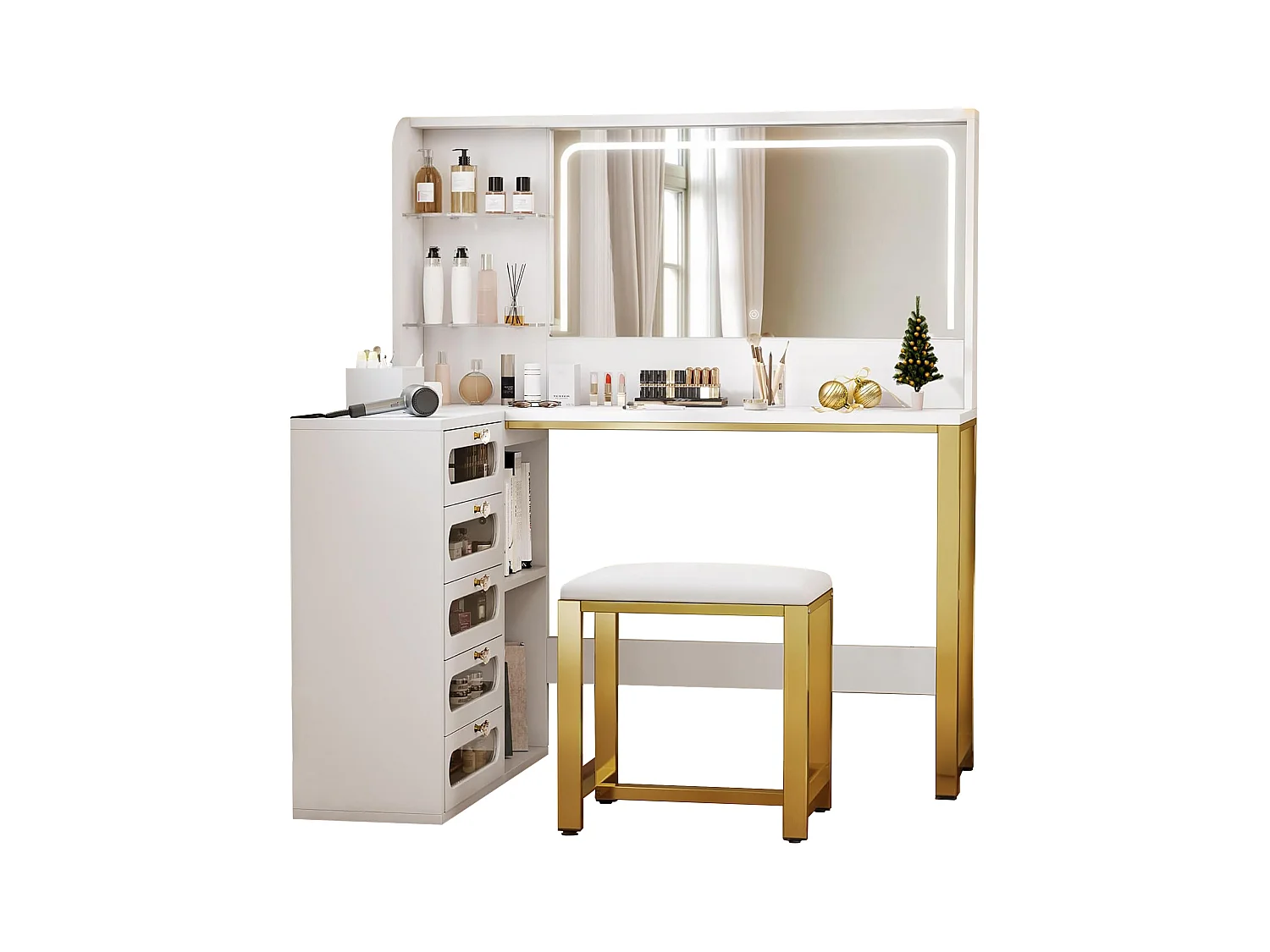 Coiffeuse avec Tabouret, Miroir HD et Lumières LED Réglables, Prise de Courant, 5 Tiroirs, Blanc