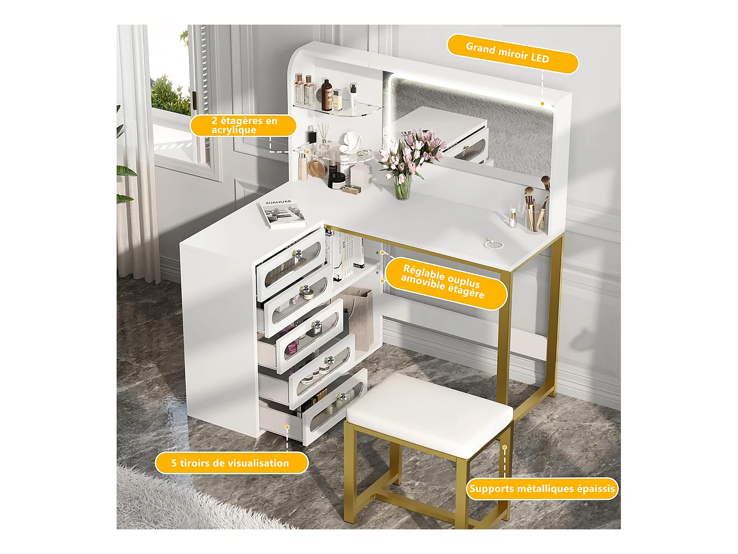 Coiffeuse avec Tabouret, Miroir HD et Lumières LED Réglables, Prise de Courant, 5 Tiroirs, Blanc