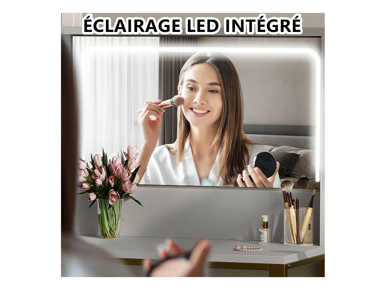 Coiffeuse avec Tabouret, Miroir HD et Lumières LED Réglables, Prise de Courant, 5 Tiroirs, Blanc