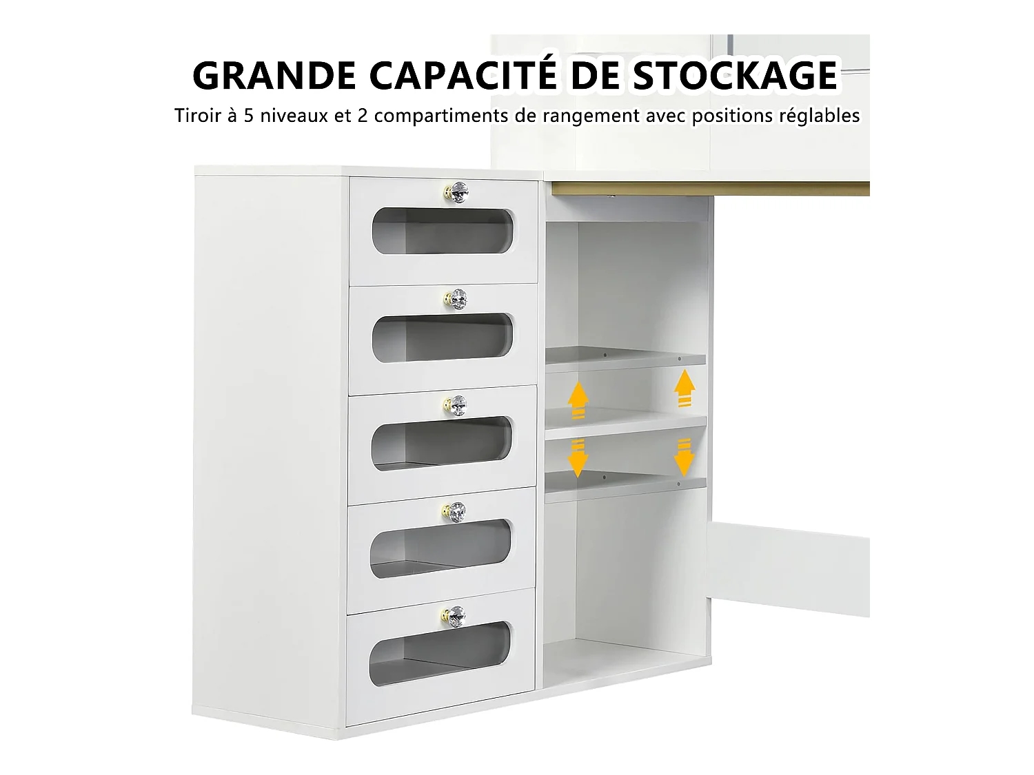 Coiffeuse avec Tabouret, Miroir HD et Lumières LED Réglables, Prise de Courant, 5 Tiroirs, Blanc