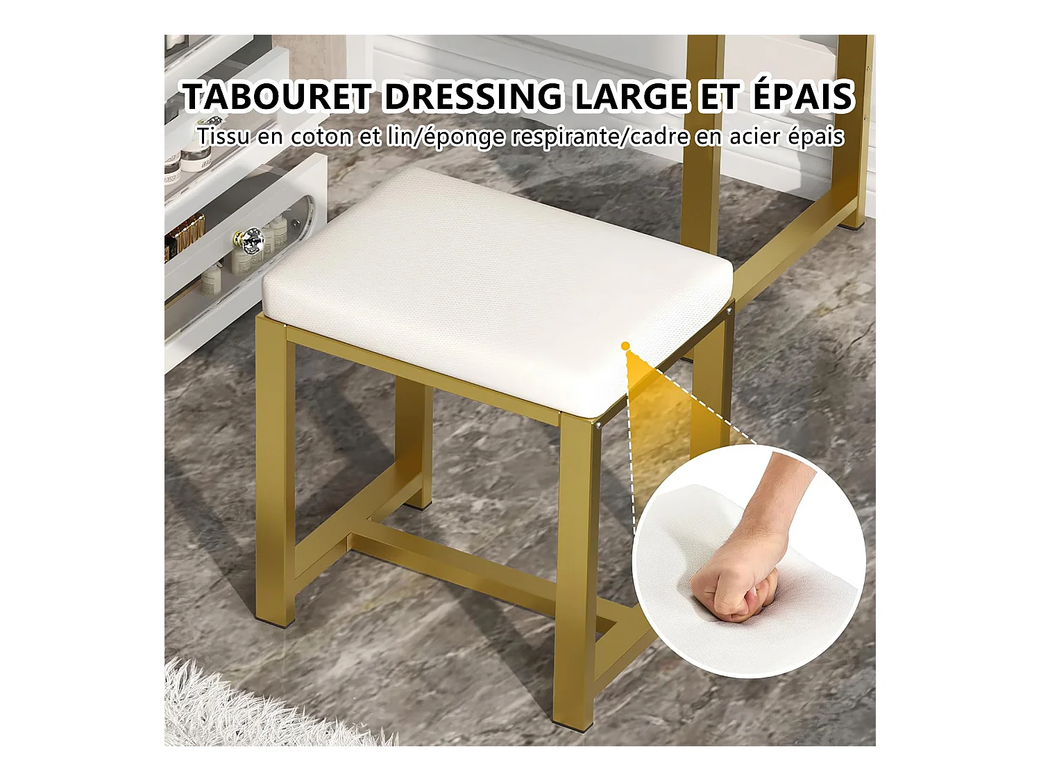 Coiffeuse avec Tabouret, Miroir HD et Lumières LED Réglables, Prise de Courant, 5 Tiroirs, Blanc