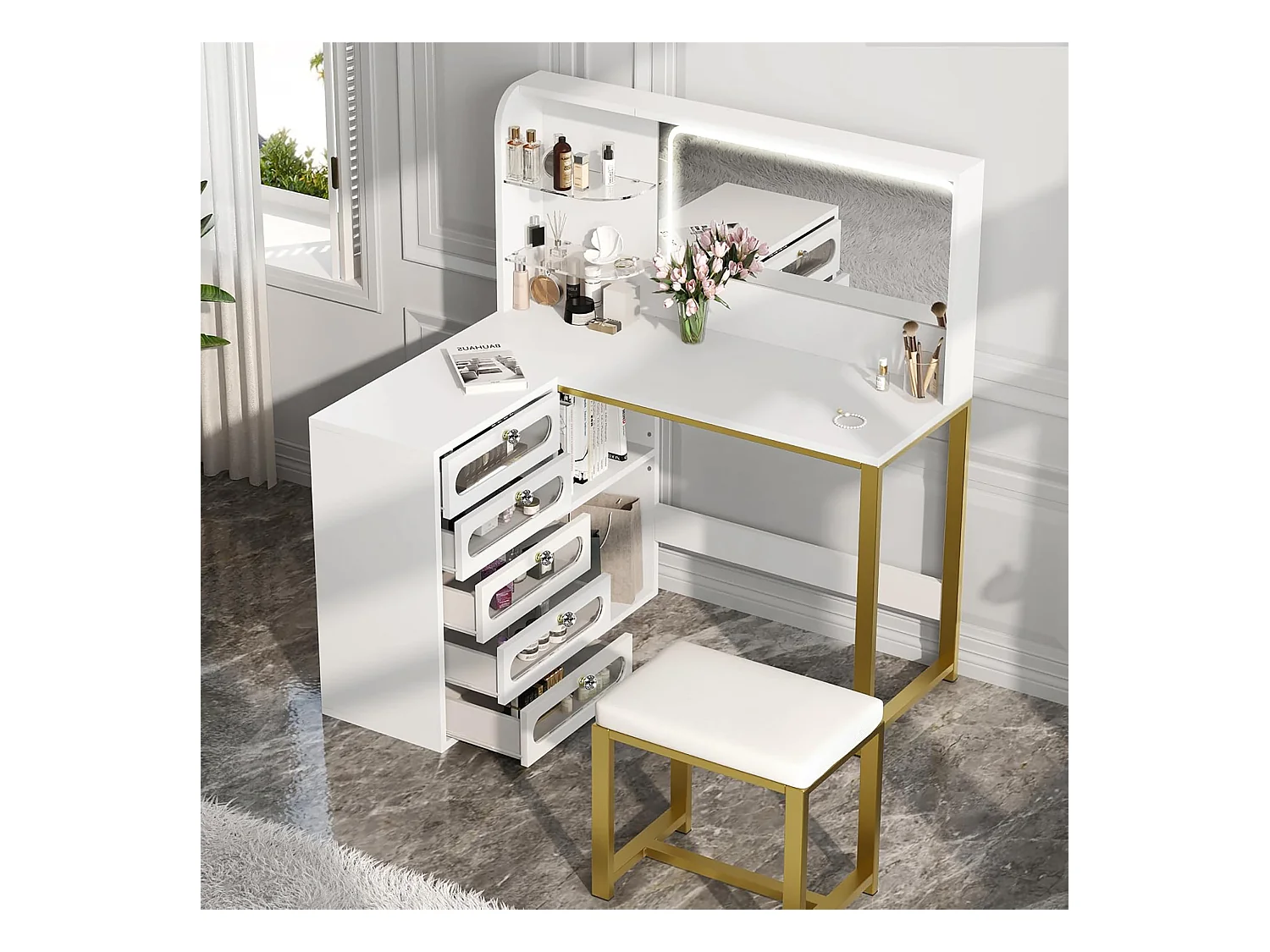 Schminktisch mit Hocker, HD-Spiegel und verstellbaren LED-Leuchten, Steckdose, 5 Schubladen, Weiß