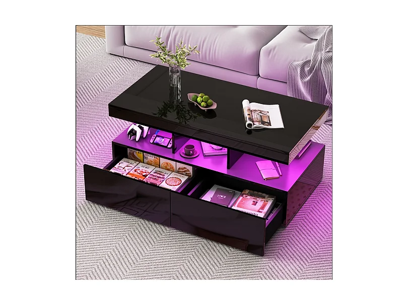 Moderner LED-Couchtisch, glänzend, mit Stauraum, 2 Schubladen, 104x54x46 cm, Schwarz