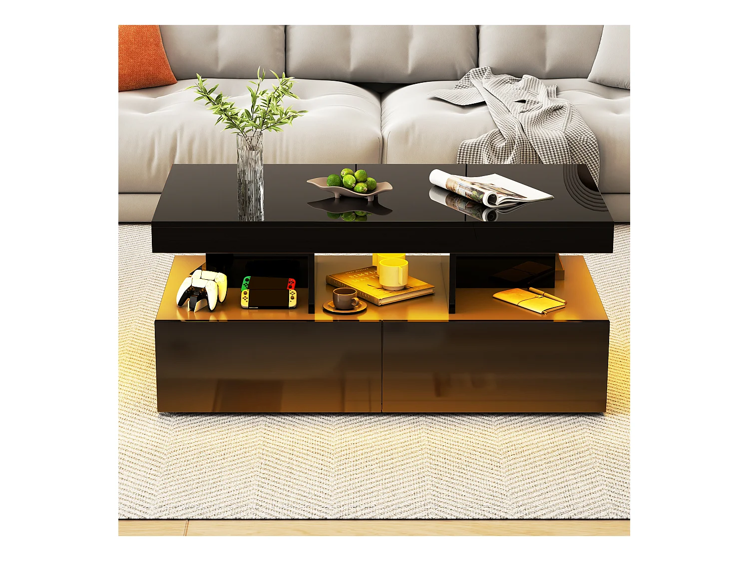Moderner LED-Couchtisch, glänzend, mit Stauraum, 2 Schubladen, 104x54x46 cm, Schwarz